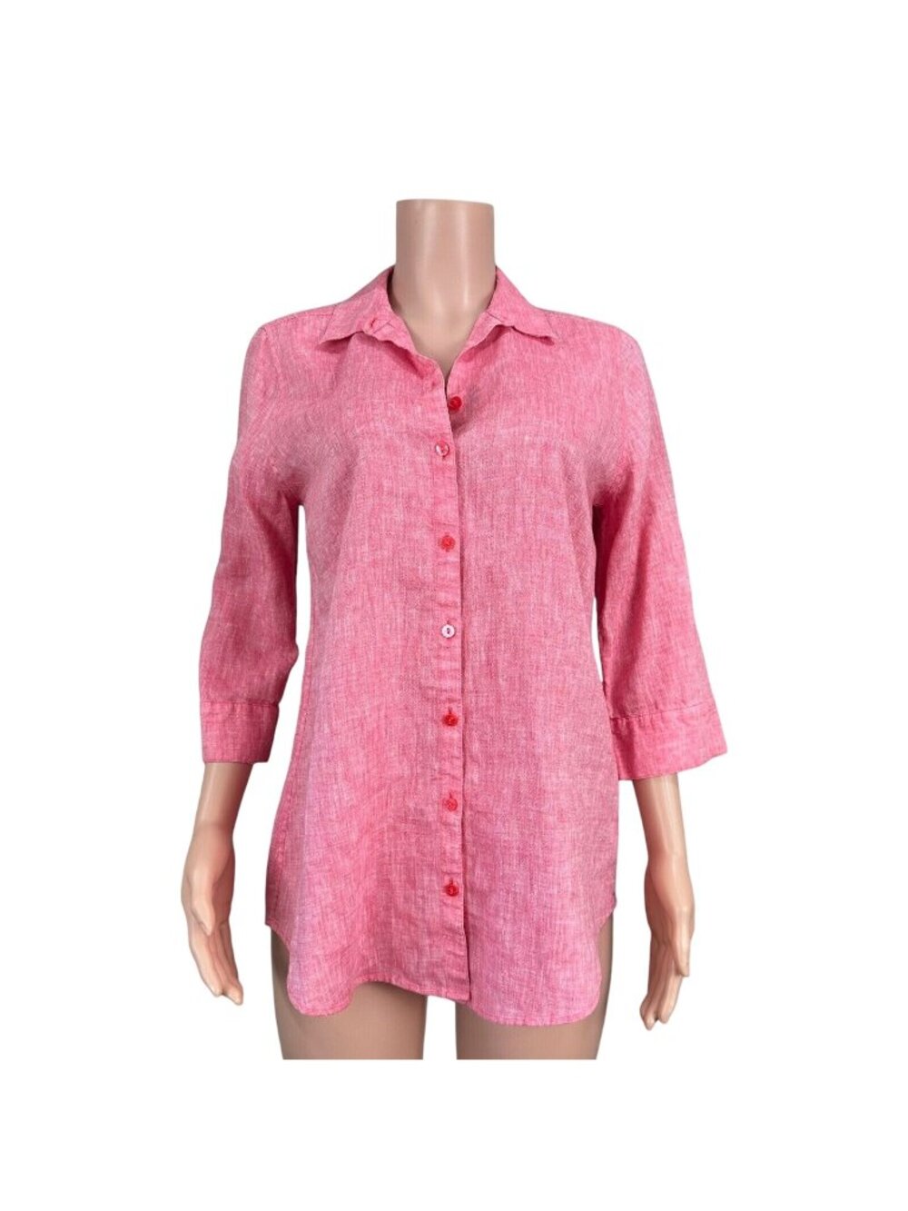 Chicos Womens Red 100% Linen No Iron Button Up Tunic Top Size 0-3/4 Sleeve US M